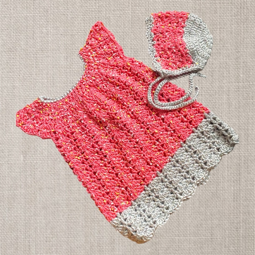 New Handmade crochet Pink /coral & Gray Crochet Baby Dress & Bonnet 0-6mnths
